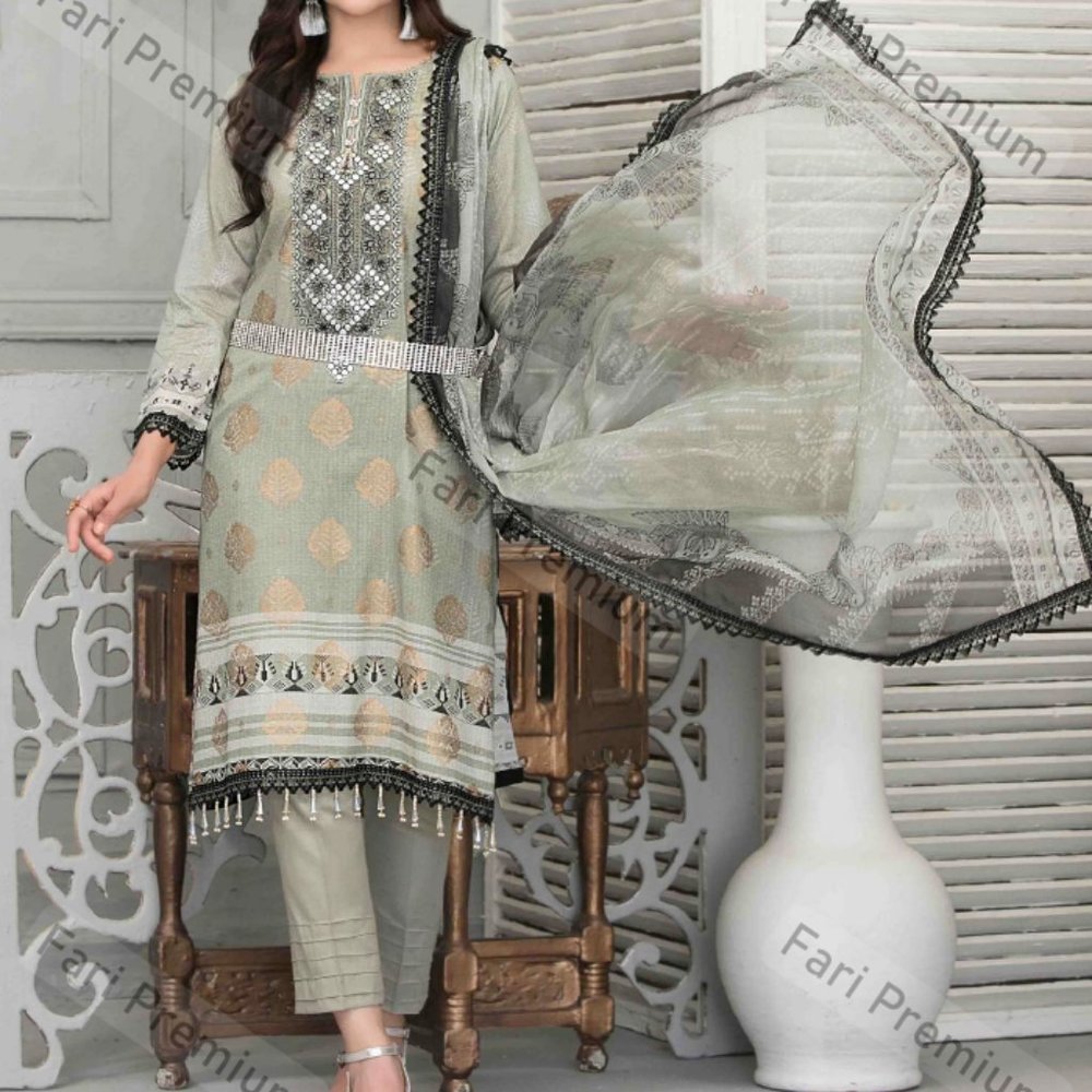 3 Piece Embroidered Banarsi Cotton Chiffon Shalwar Kameez Suit Pakistani/Indian